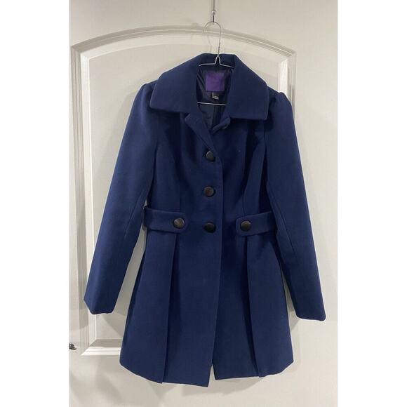 FOREVER 21 Jackets & Blazers - Forever 21 Blue Single Breasted Peacoat S Button Detail Wide Collar